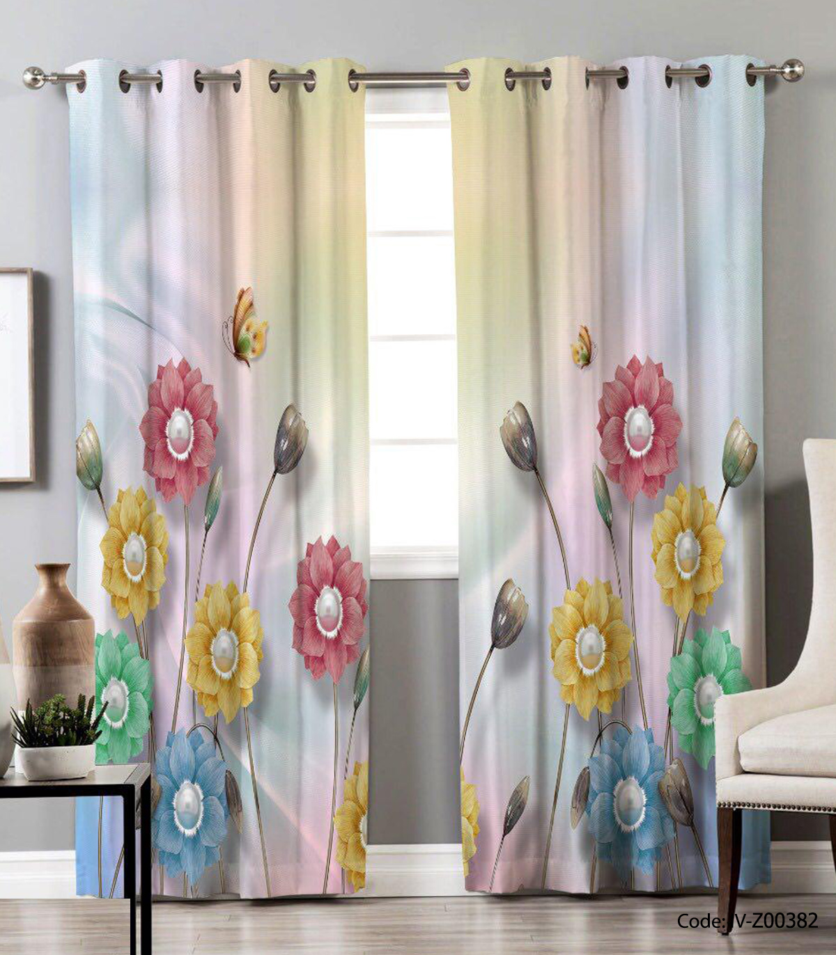 پرده دو تکه  پانچی اتاق خواب مدل گلستان