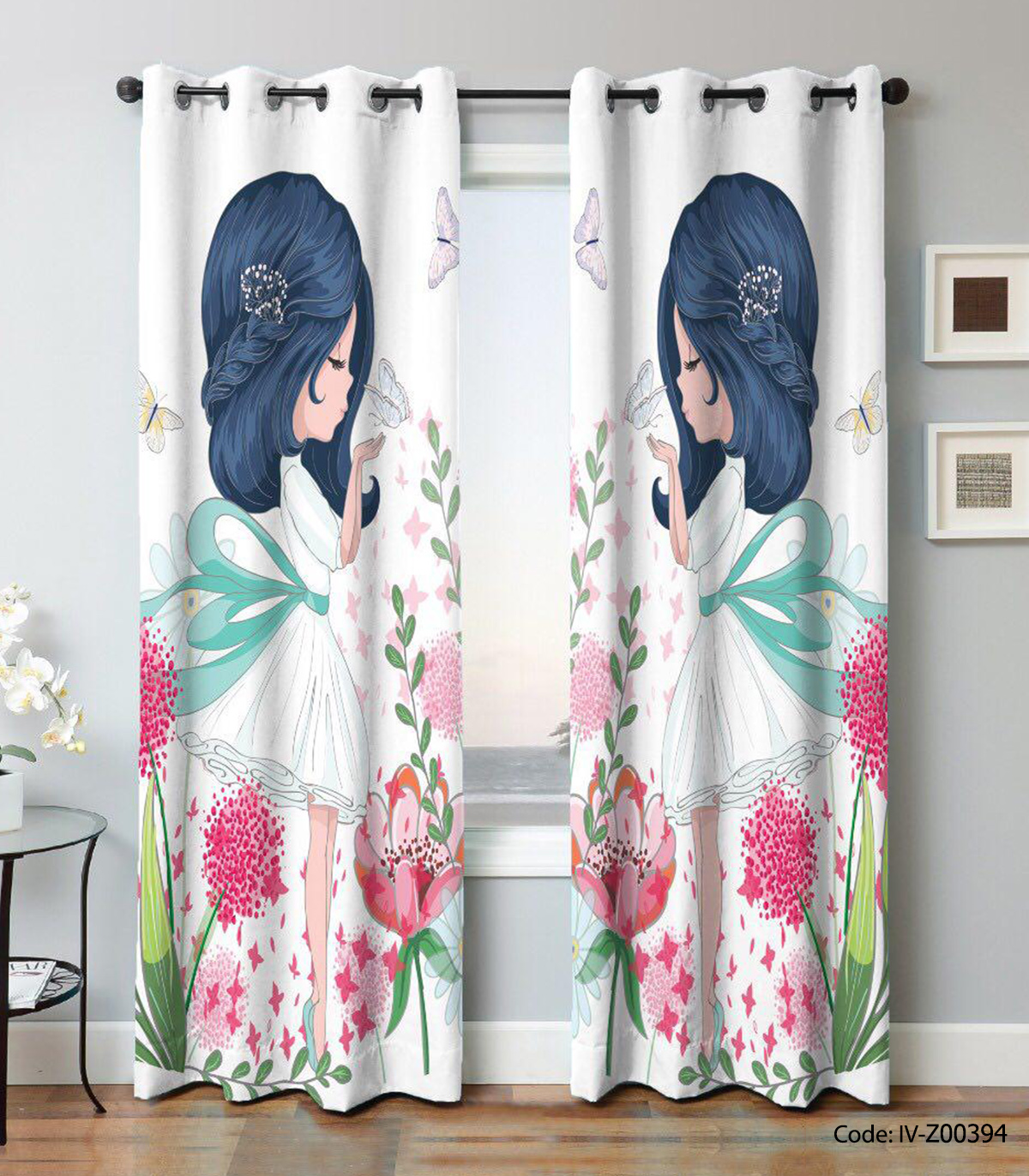 پرده پانچی دو تکه اتاق کودک طرح BLUE GIRL