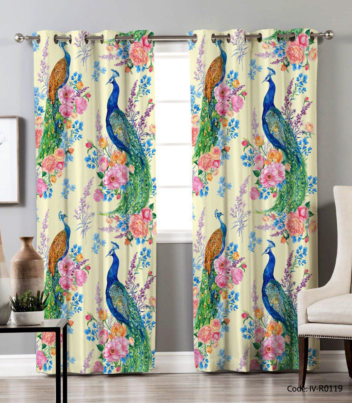 پرده دو تکه پانچی اتاق خواب مدل PEACOCH