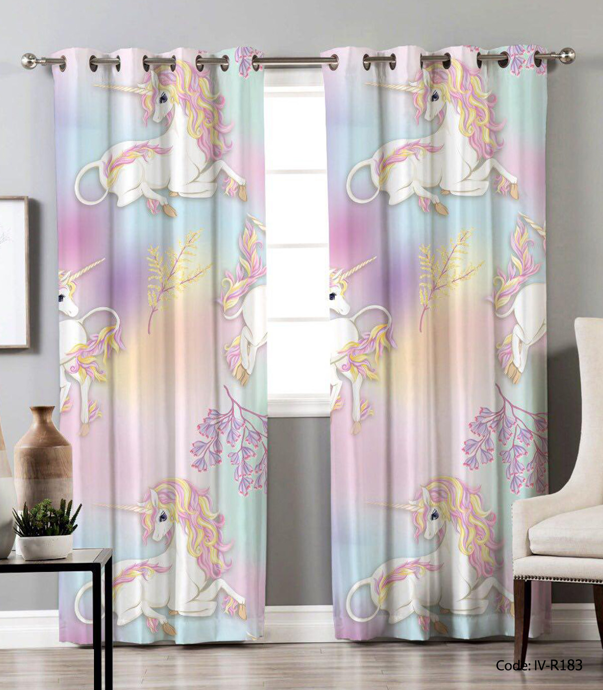 پرده پانچی اتاق کودک مدل یونیکورن