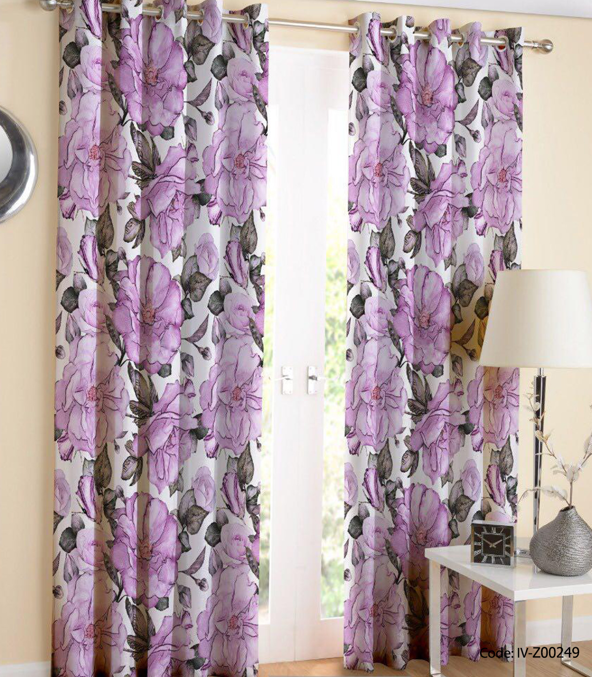 پرده پانچ سفید بنفش مدل بنفشه