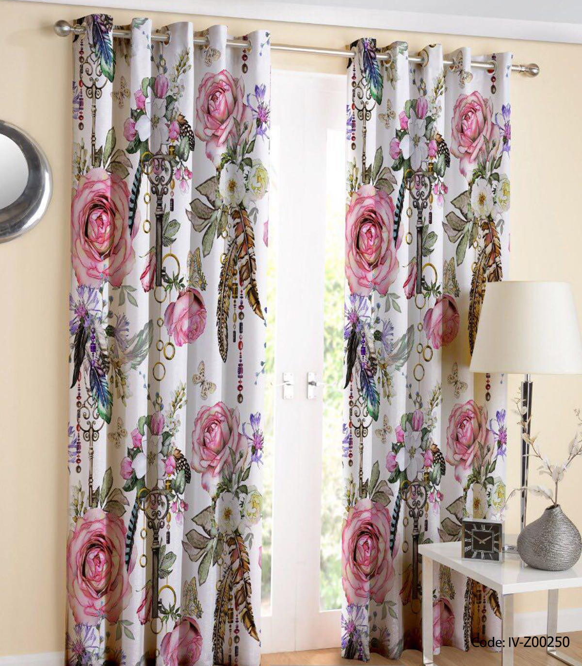 پرده پانچی 2 تکه مدل PINK ROSE