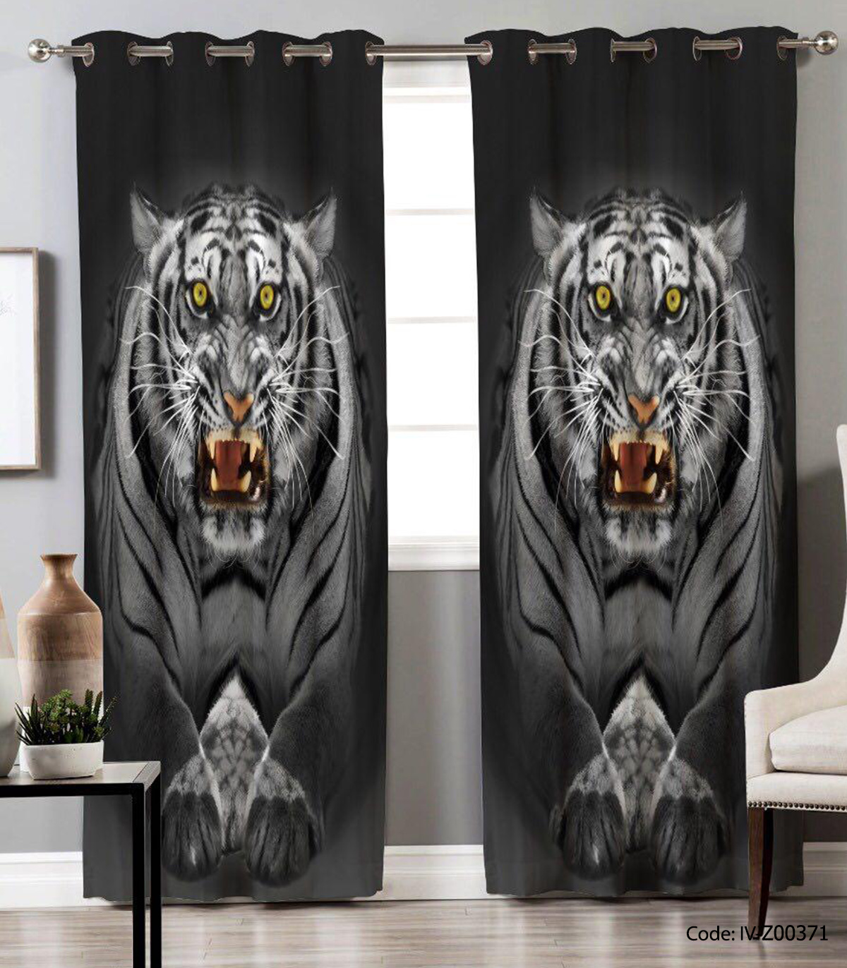 پرده پانچی سالن پذیرایی دو تکه مدل ببر نقره ای