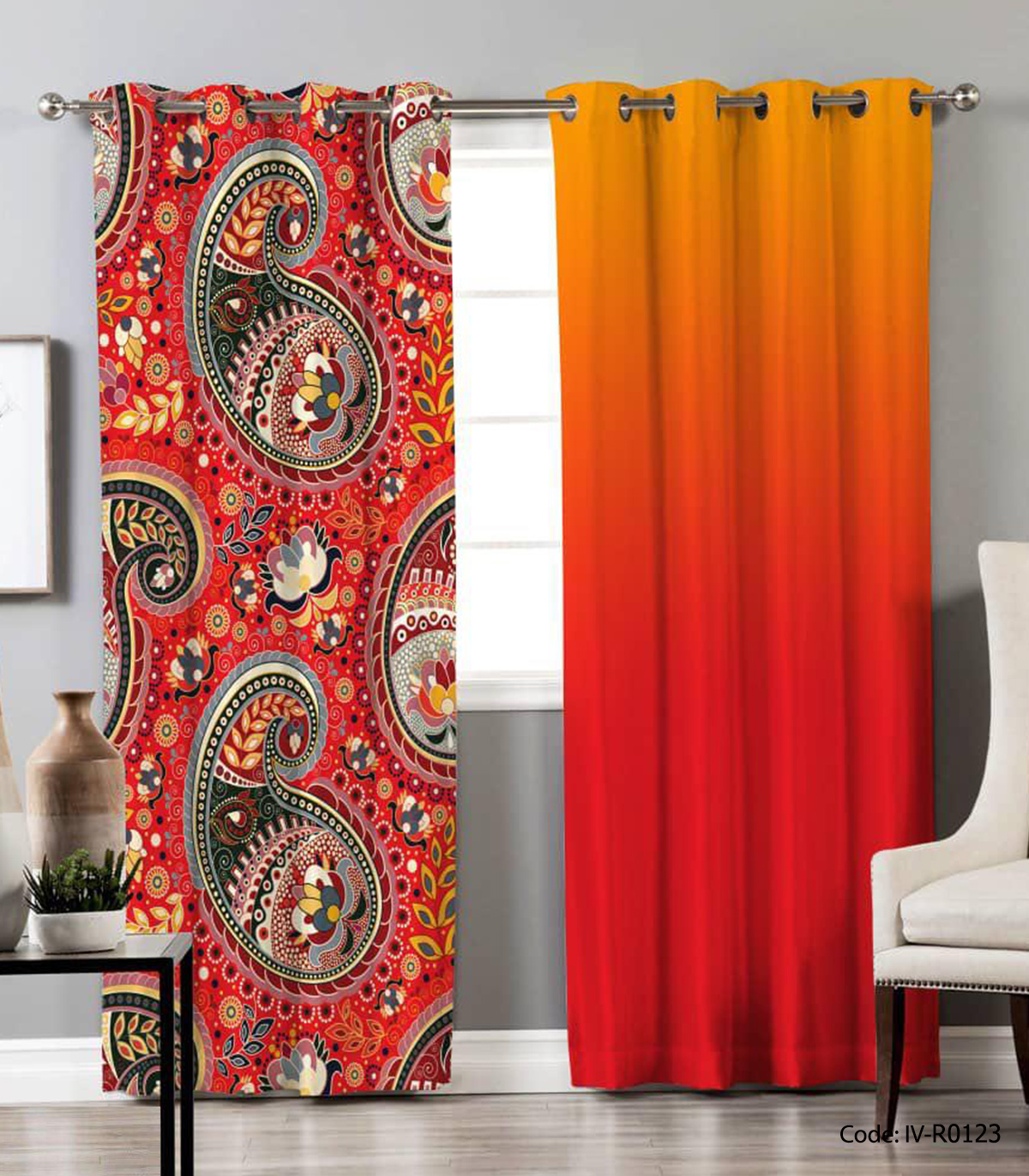 پرده پانچی اتاق خواب و پذیرایی مدل گل ترمه