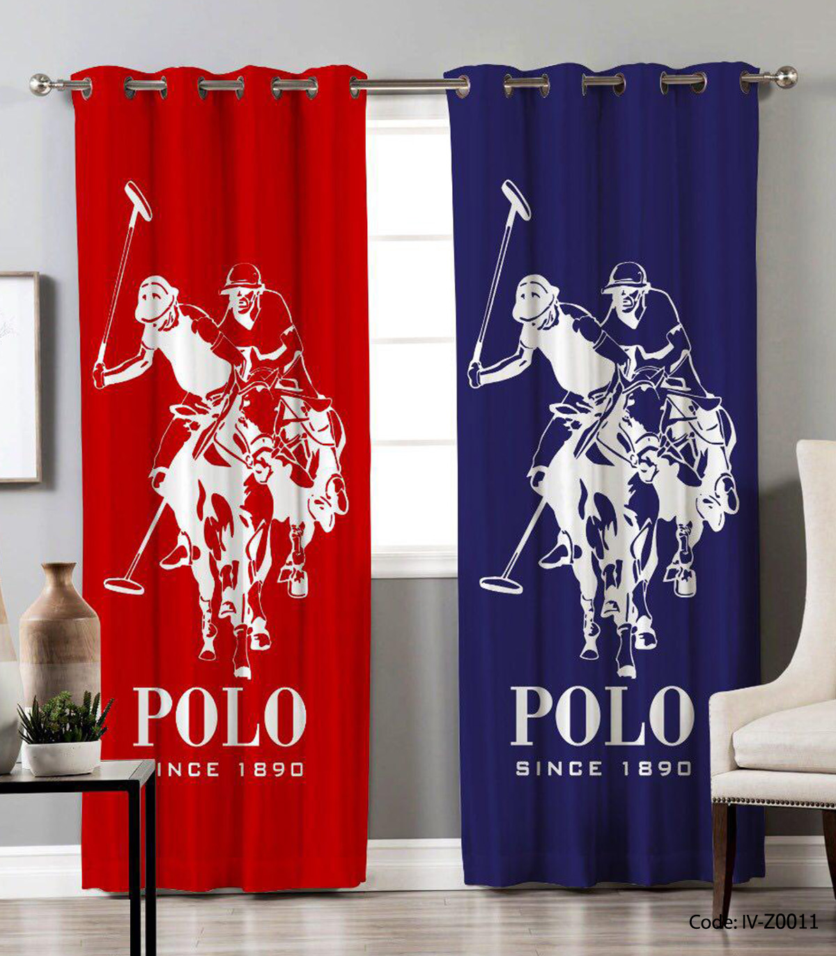 پرده پانچ اتاق خواب قرمز آبی پسرانه مدل POLO ASSN