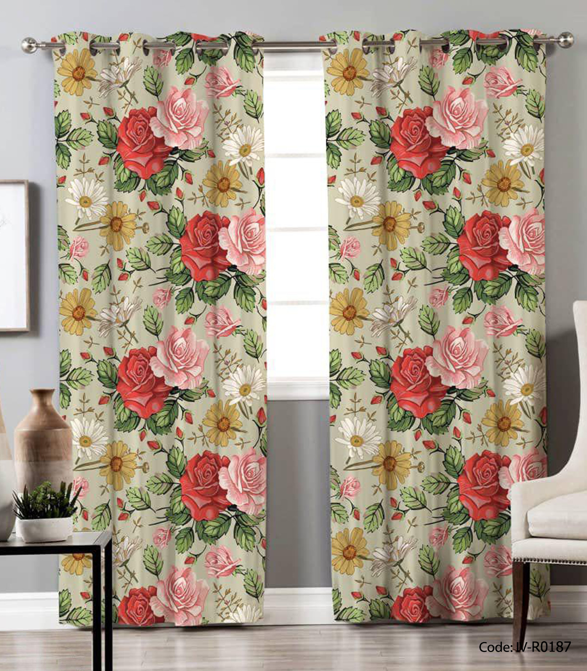 پرده پانچ اتاق خواب دو تکه مدل گلدار