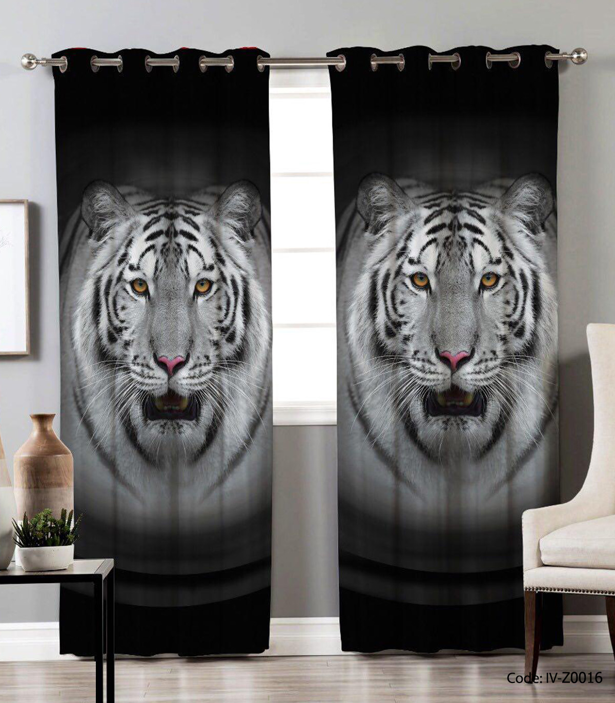 پرده پانچی اتاق خواب مدل ببر نقره ای