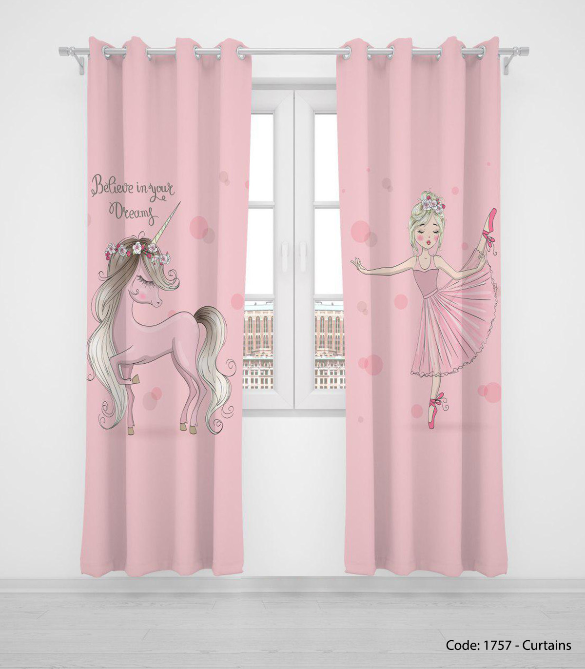 پرده دو تکه پانچی اتاق کودک دخترانه مدل UNICORN