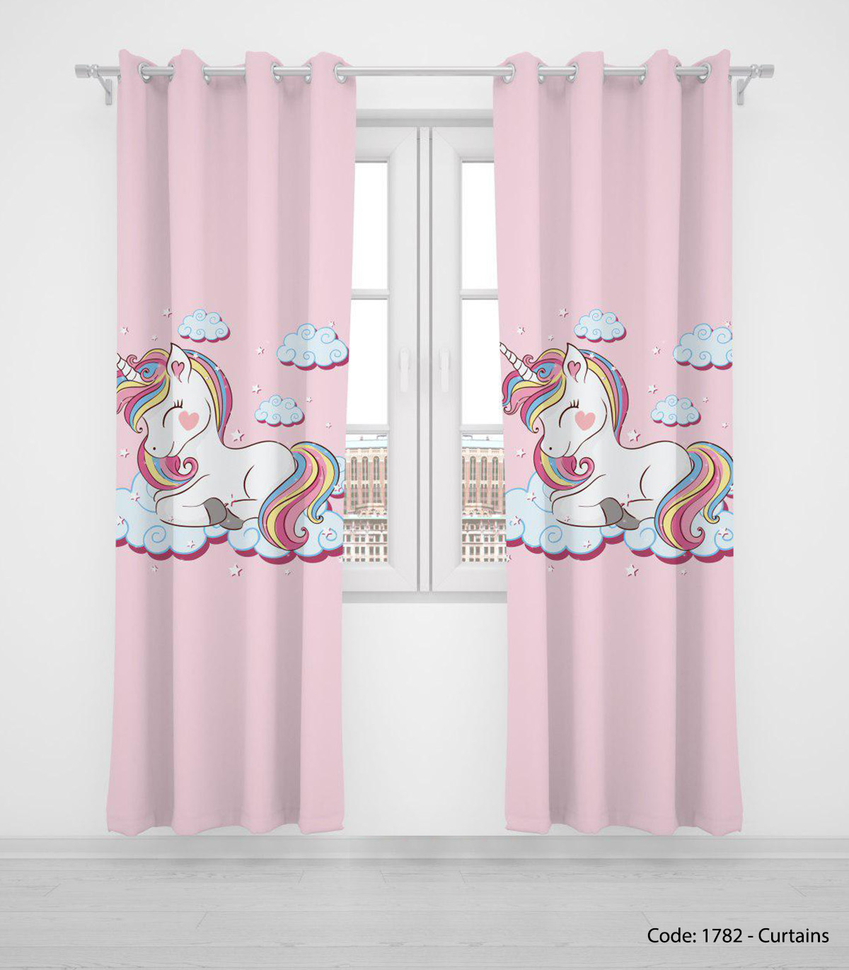 پرده دو تکه پانچی اتاق کودک مدل اسب تک شاخ