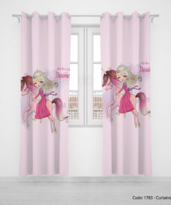 پرده پانچی دو تکه صورتی دخترانه مدل HORSEMAN