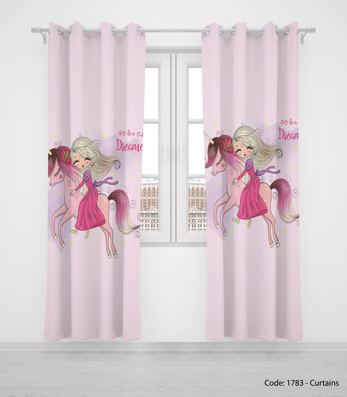 پرده پانچی دو تکه صورتی دخترانه مدل HORSEMAN