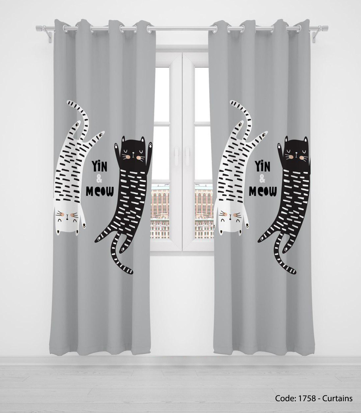 پرده دو تکه پانچی دخترانه و پسرانه مدل YIN AND MEOW