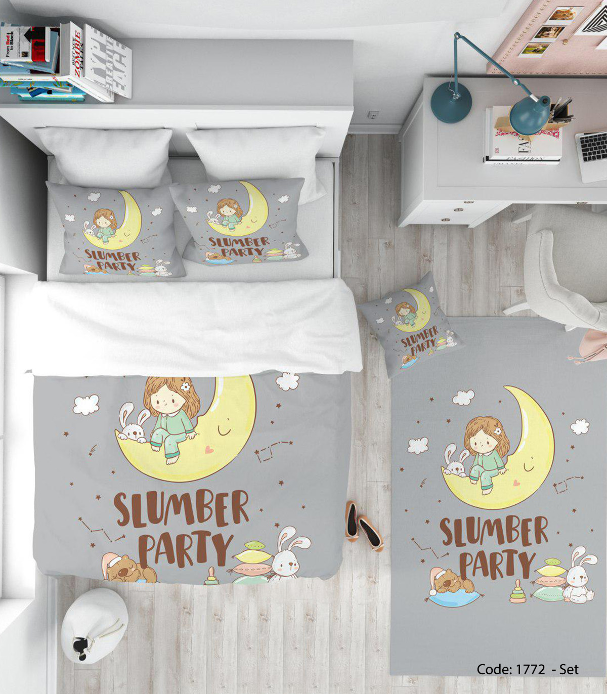 روتختی و ملحفه طوسی و زرد اتاق کودک مدل SLUMBER PARTY