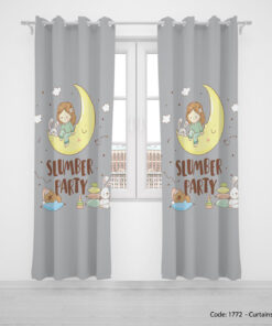 پرده پانچی دو تکه طوسی و زرد اتاق کودک مدل SLUMBER PARTY