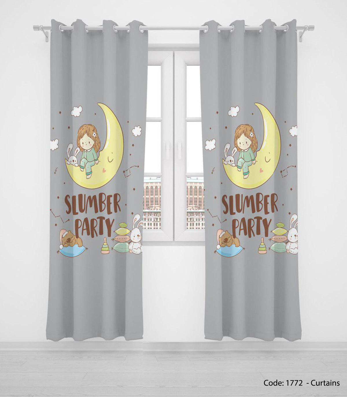 پرده پانچی دو تکه طوسی و زرد اتاق کودک مدل SLUMBER PARTY