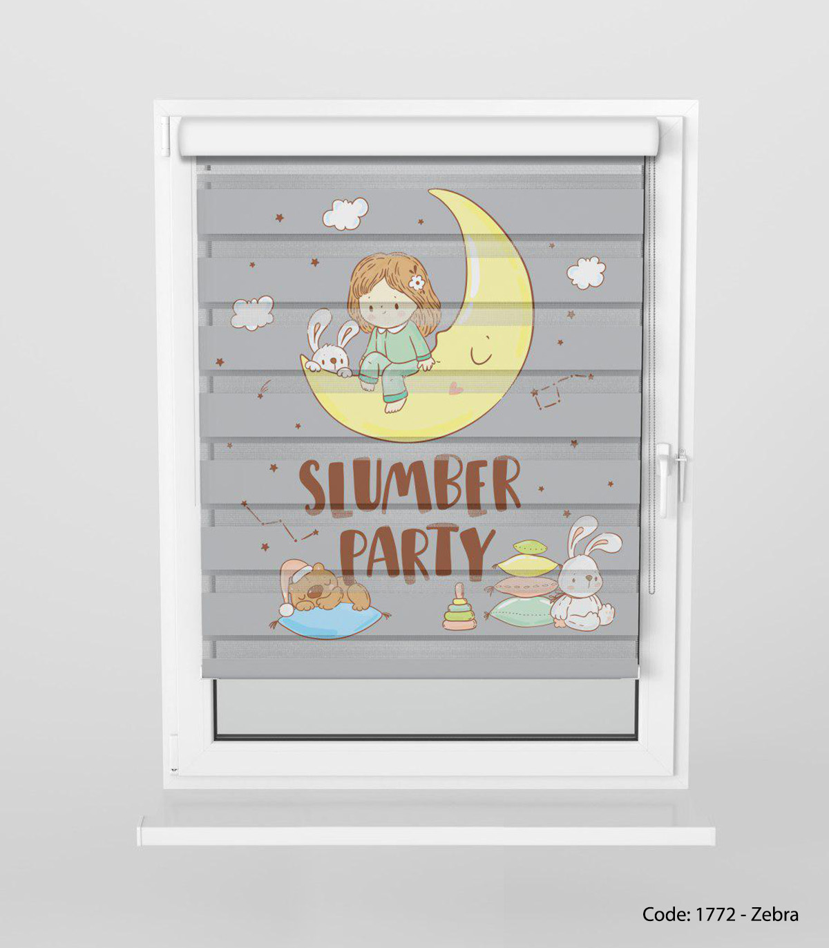 پرده زبرا طوسی و زرد اتاق کودک مدل SLUMBER PARTY