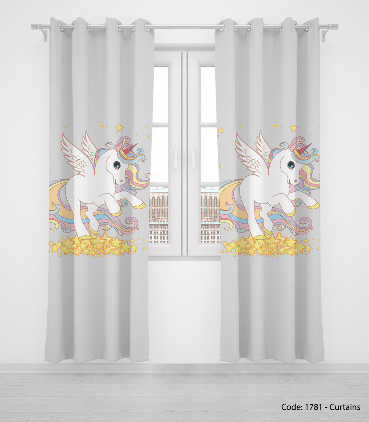 پرده دو تکه پانچی اتاق کودک تک شاخ ستاره باران