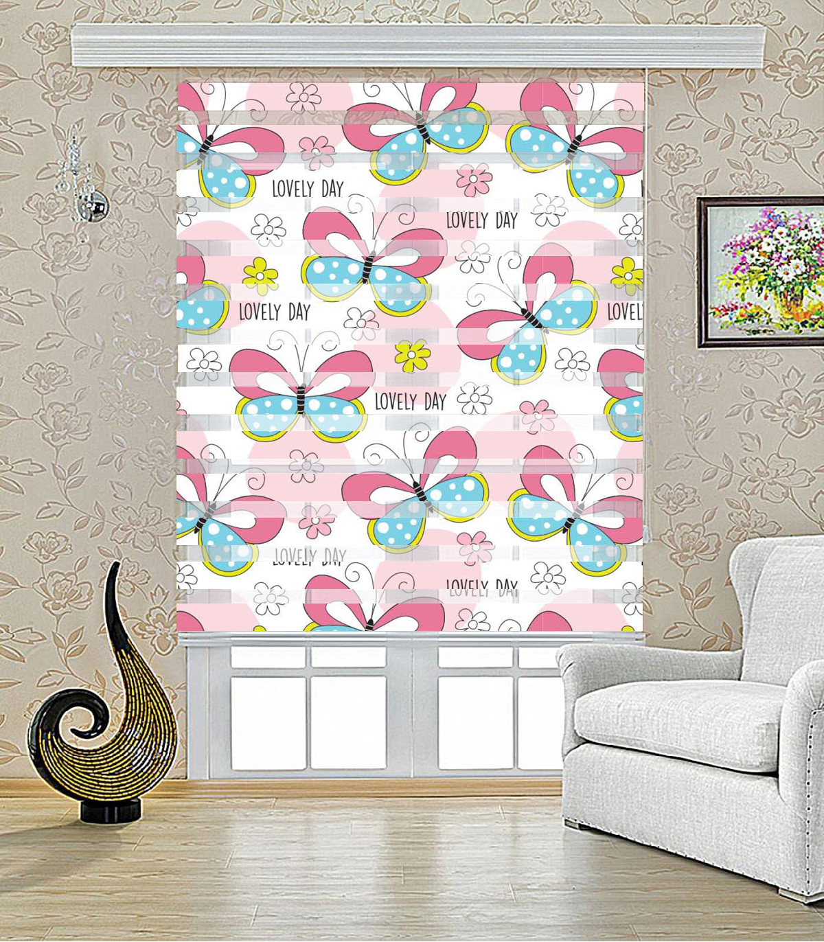 پرده زبرا طرح پروانه رنگارنگ مدل 1436