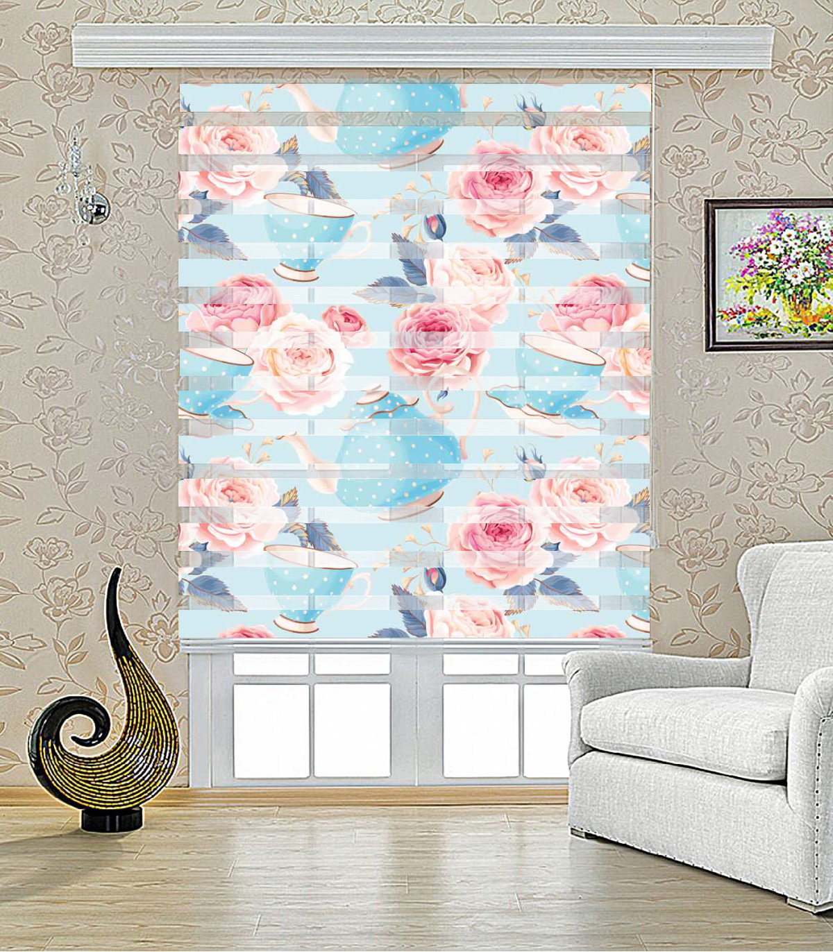 پرده زبرا آشپزخانه طرح قوری مدل 1608