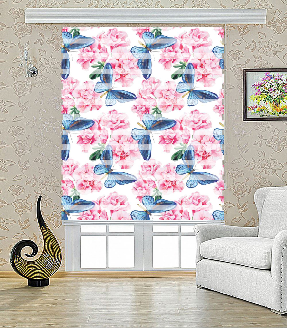 پرده کرکره ای زبرا طرح پروانه آبی مدل 1224