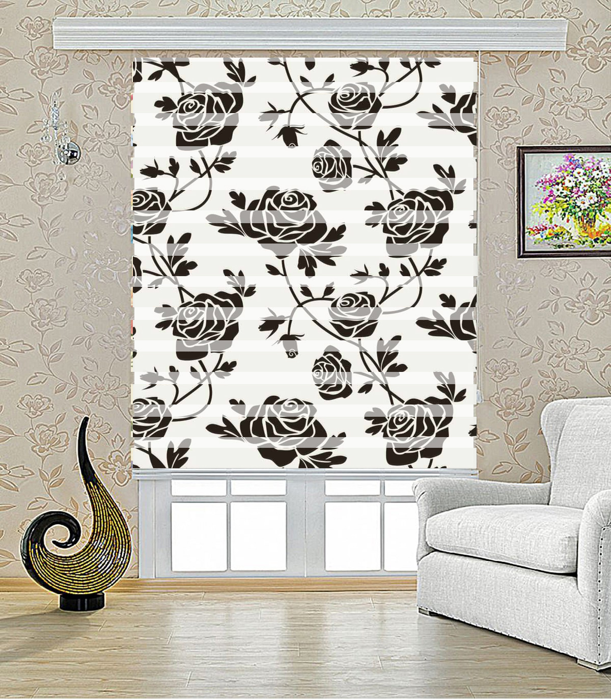 پرده زبرا طرح رز سیاه مدل 1023