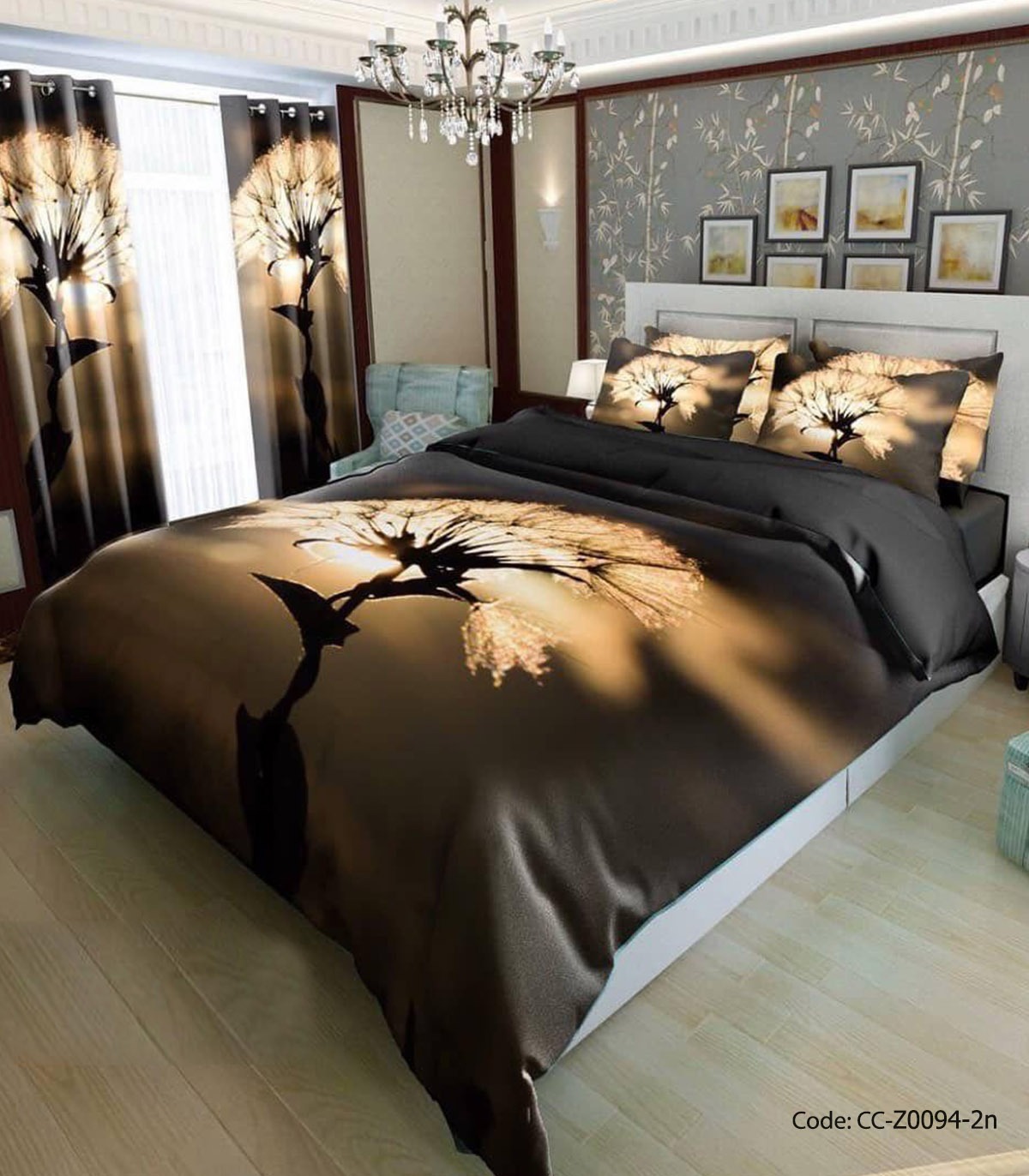 ست روتختی دونفره مشکی طلایی طرح تک درخت در غروب