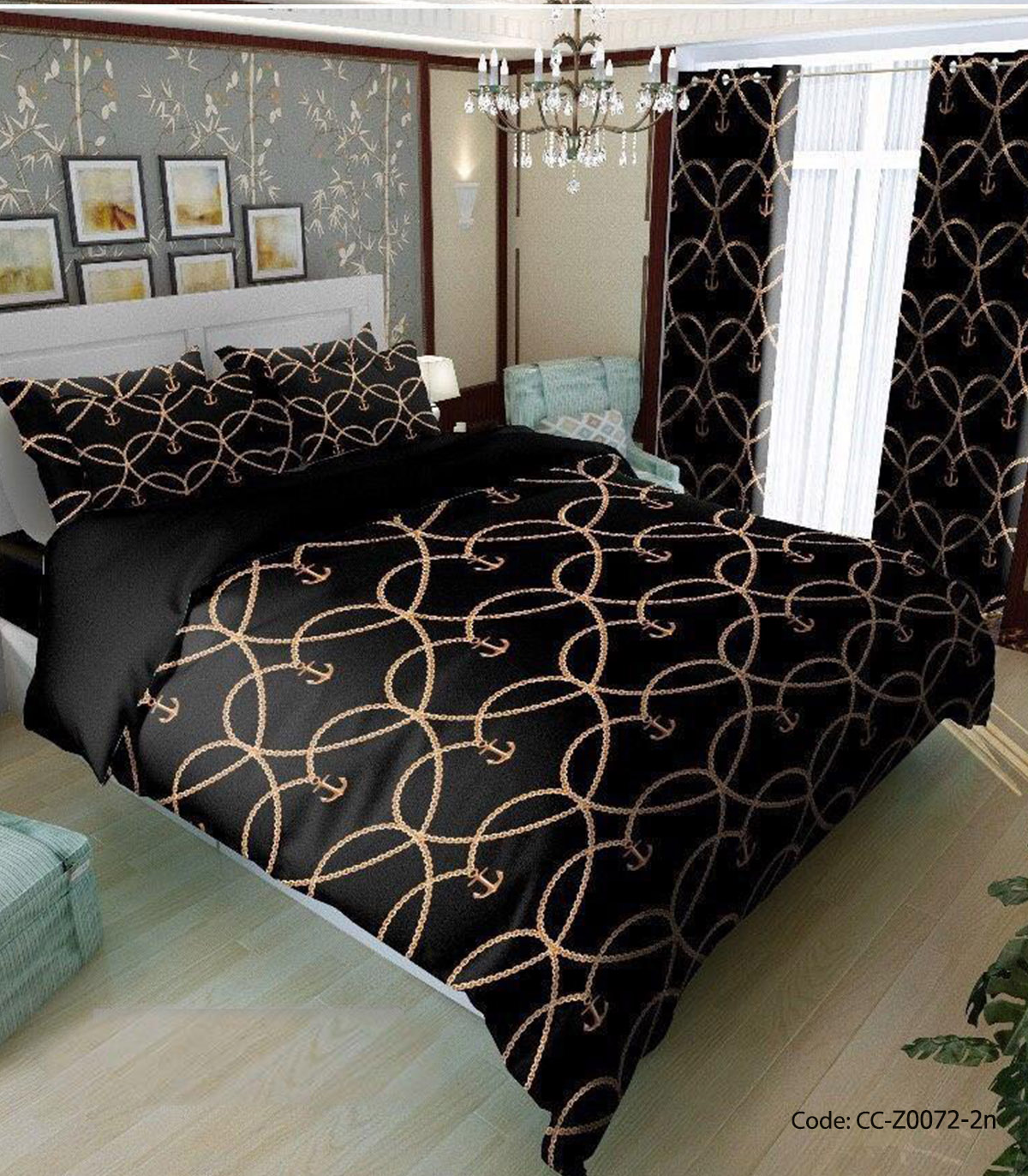 سرویس روتختی و ملحفه کشدار مشکی طلایی مدل یاس