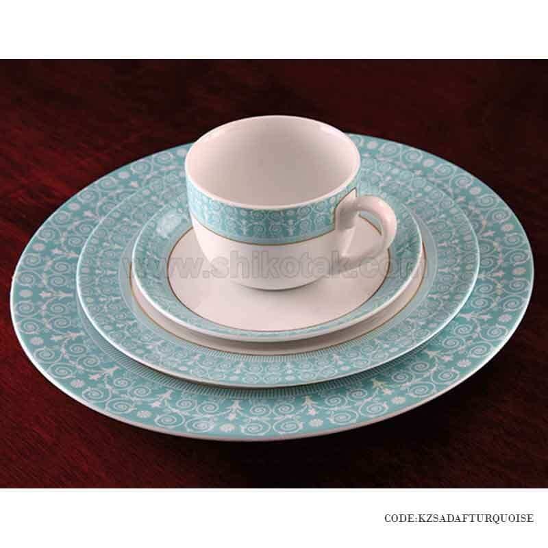 سرویس چای خوری چینی زرین 6 نفره طرح سپید صدف فیروزه ای