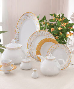 سرویس غذاخوری چینی 12نفره 108 پارچه مدل ژئومتریکال طلایی سری شهرزاد