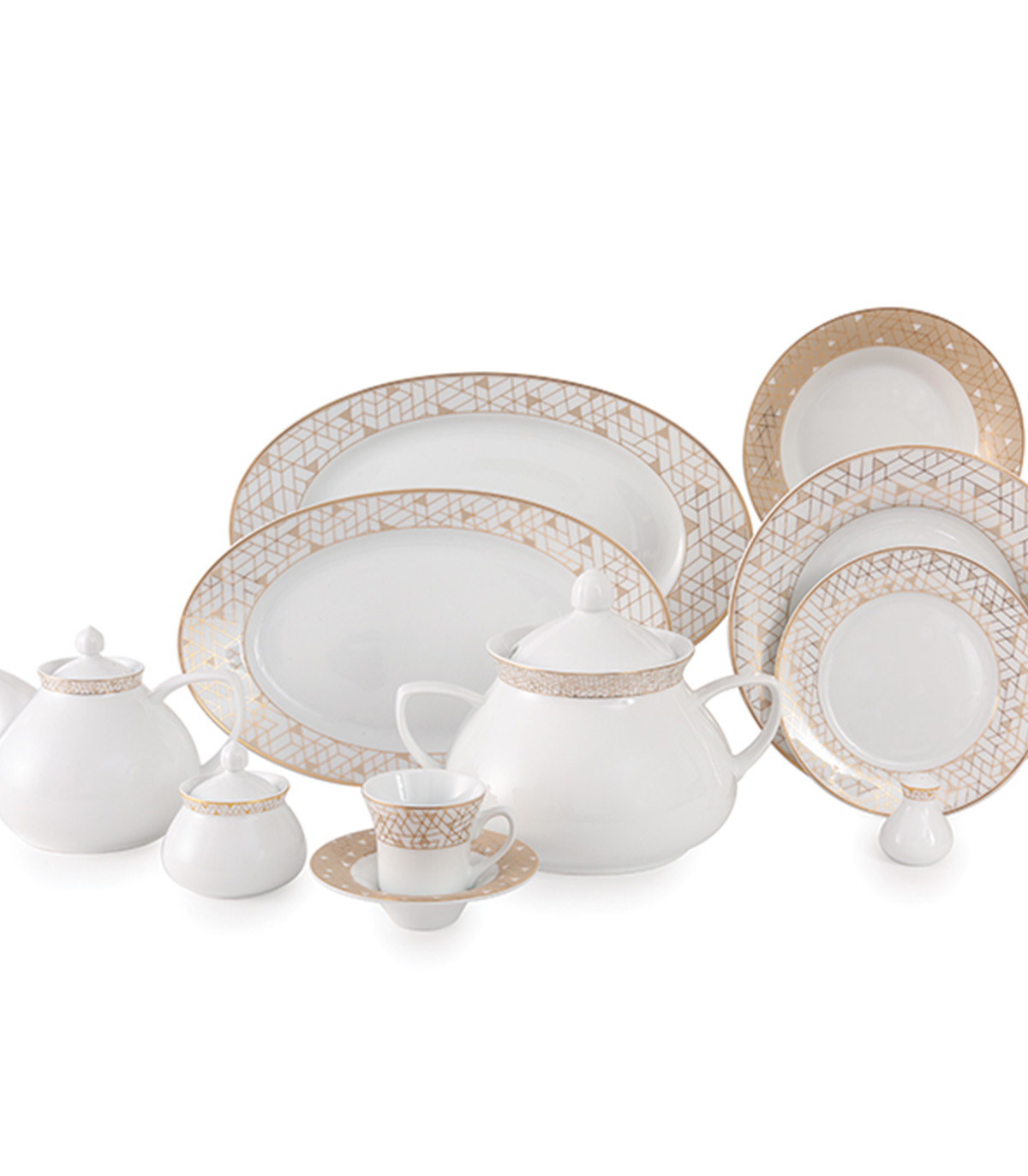 سرویس غذاخوری چینی 12نفره 108 پارچه مدل ژئومتریکال نقره ای سری شهرزاد