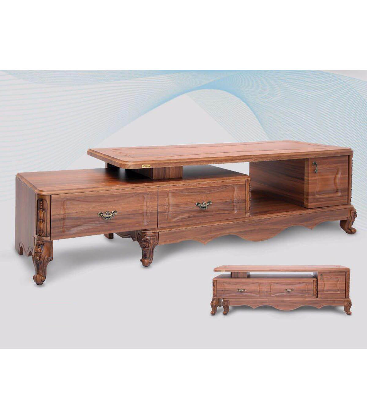 میز تلویزیون چوبی دو طبقه کشودار مدل 220