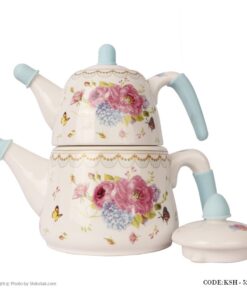 ست کتری قوری سرامیکی مدل گل سرخی آبی