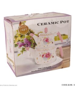 ست کتری قوری سرامیکی مدل گل سرخی آبی