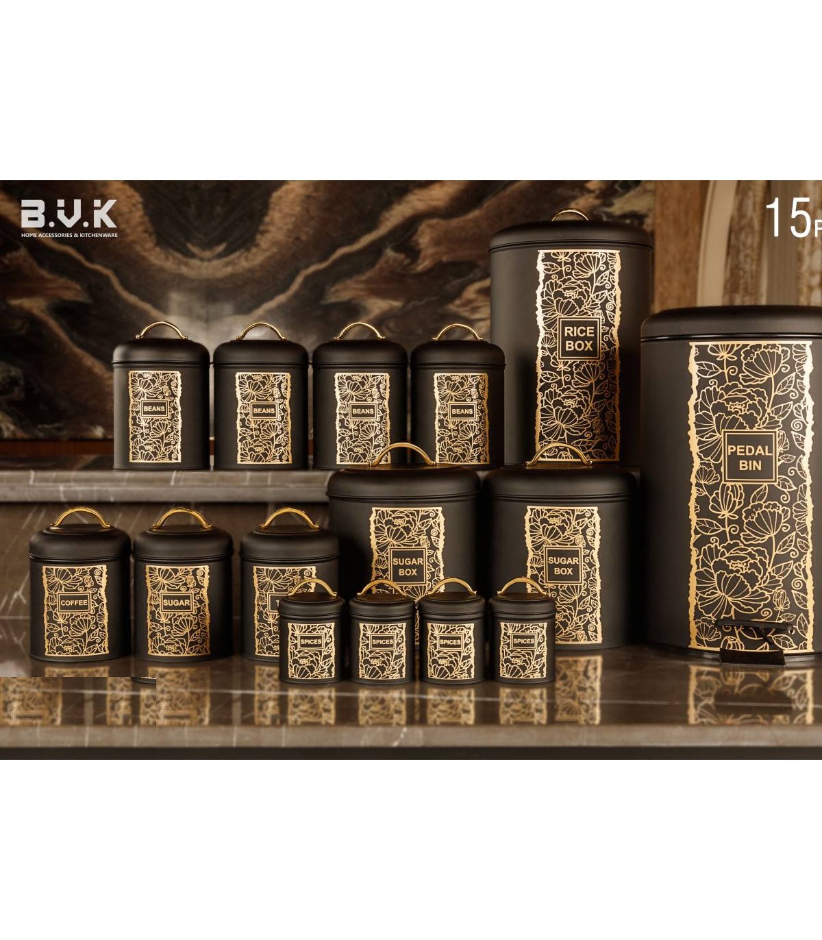 سرویس آشپزخانه بانکه 15 عددی مشکی طلایی مدل LOTUS BLACK