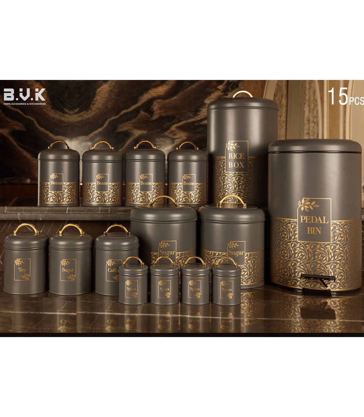 سرویس آشپزخانه بانکه 15 عددی طوسی طلایی مدل BONSAY GRAY