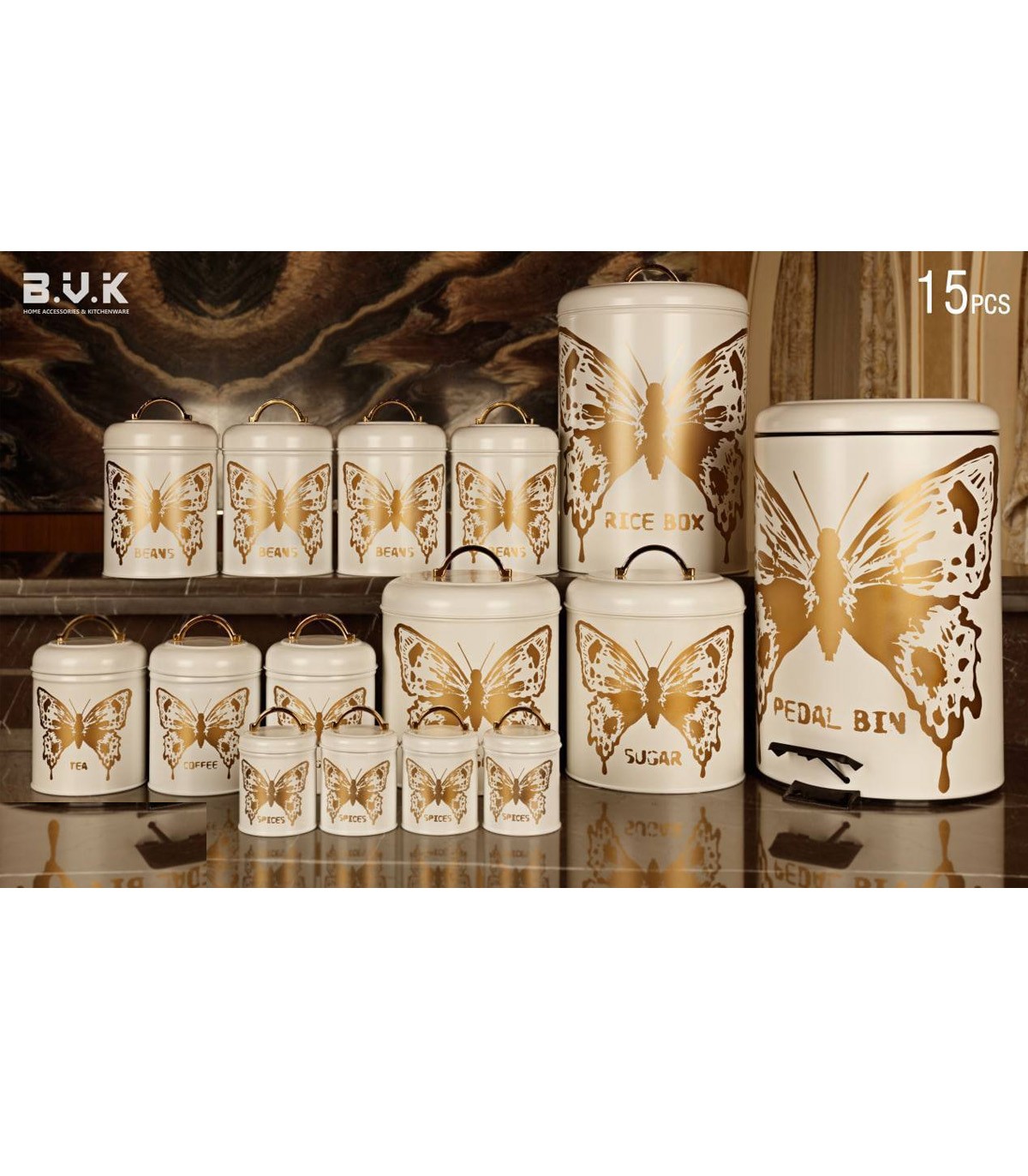 سرویس آشپزخانه بانکه 15 عددی سفید طلایی مدل BEAUTY WHITE