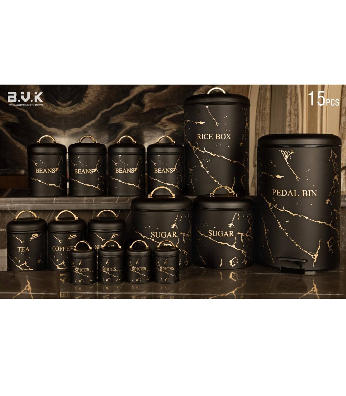سرویس آشپزخانه بانکه 15 عددی مشکی طلایی مدل MARBLE BLACK
