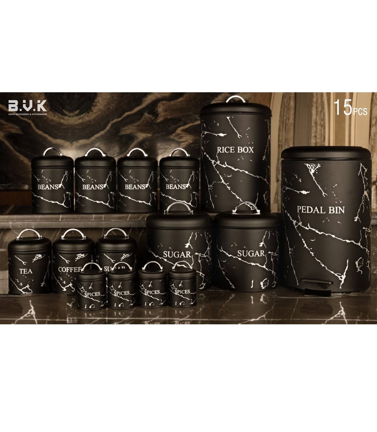 سرویس آشپزخانه بانکه 15 عددی مشکی نقره ای مدل MARBLE BLACK