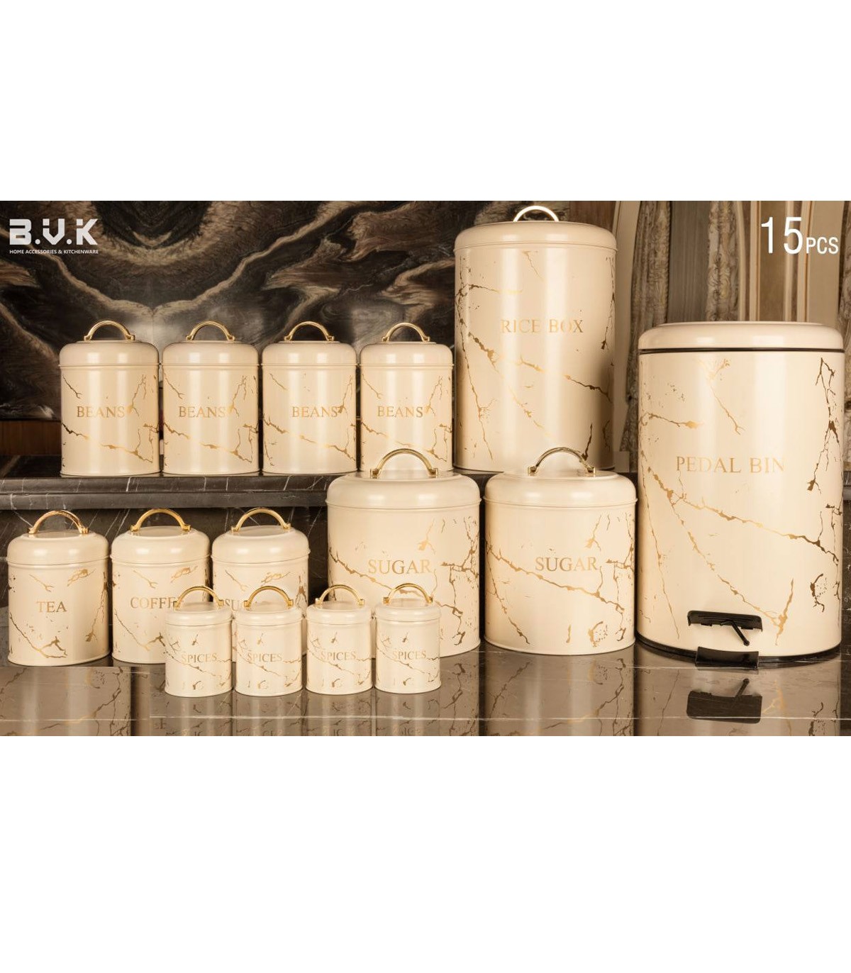 سرویس آشپزخانه بانکه 15 عددی کرم طلایی مدل MARBLE CREAM