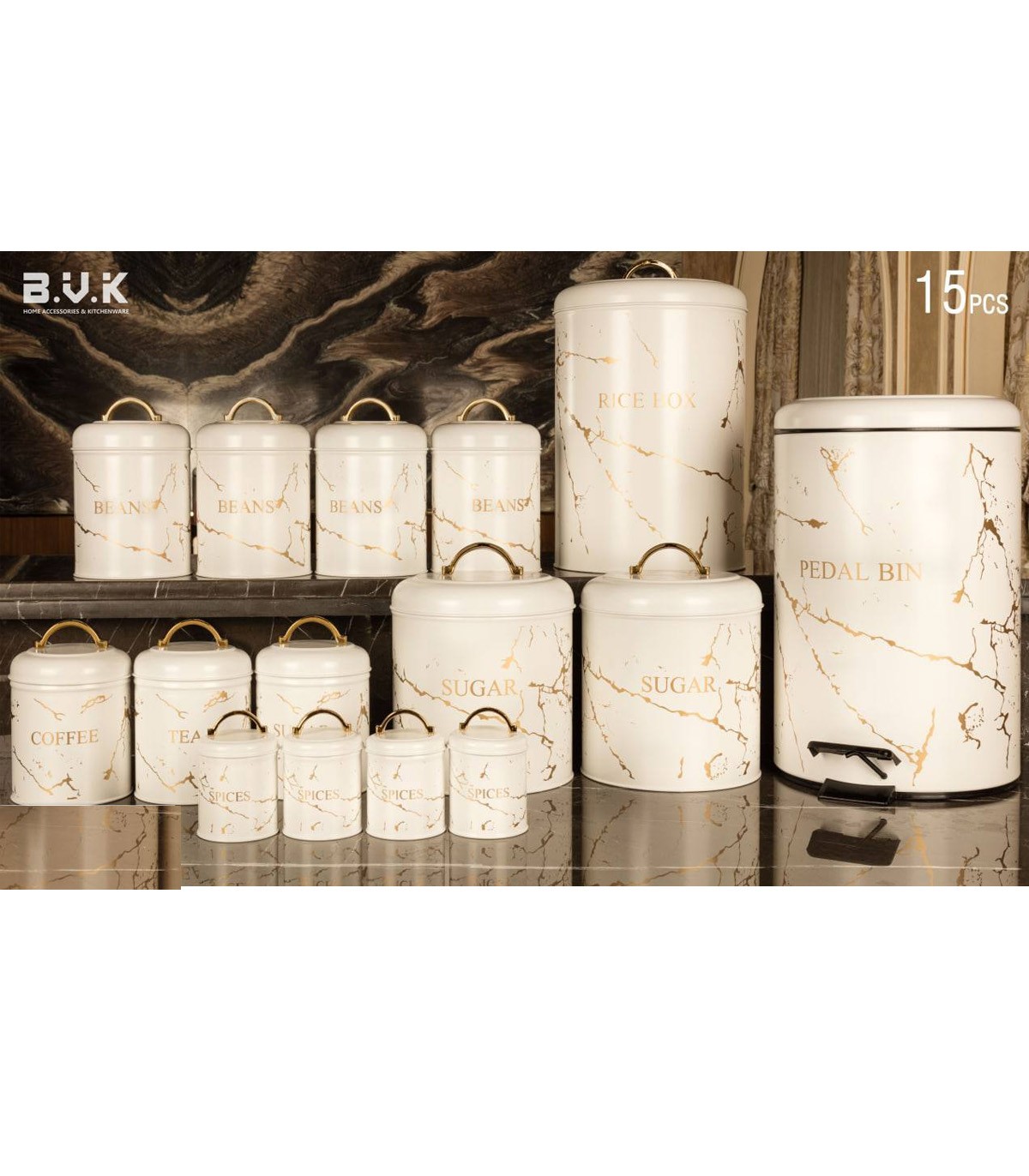 سرویس آشپزخانه بانکه 15 عددی سفید طلایی مدل MARBLE WHITE