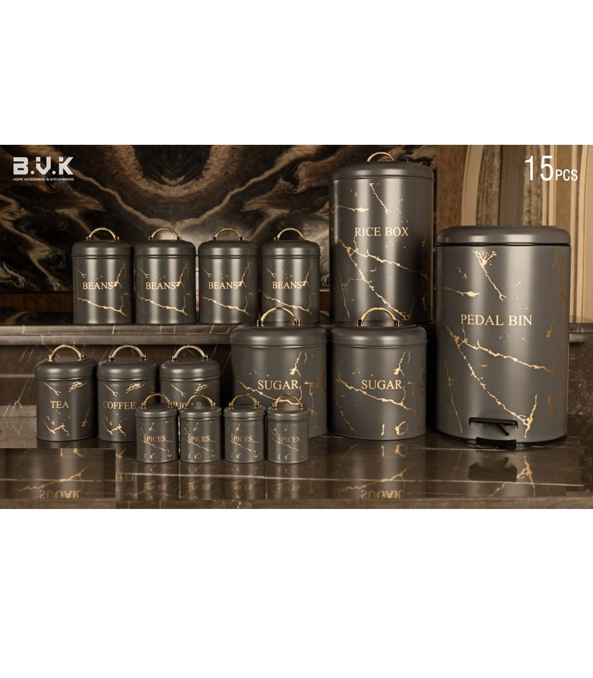 سرویس آشپزخانه بانکه 15 عددی طوسی طلایی مدل MARBLE GRAY