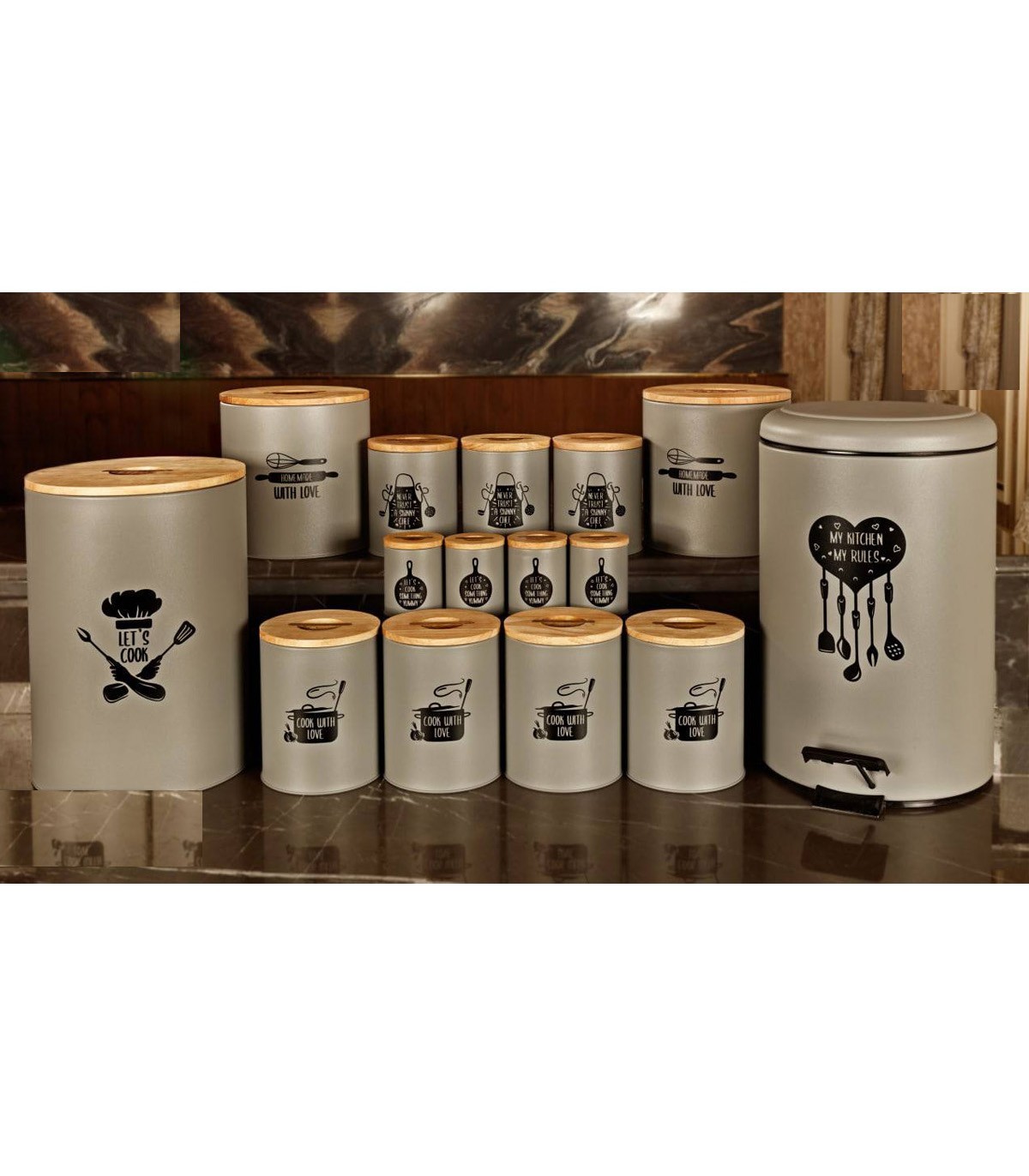 سرویس آشپزخانه درب چوبی 30 تکه طوسی مدل CHEF GRAY