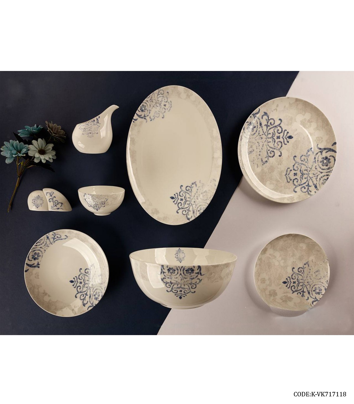 سرویس چینی شش نفره 29 پارچه برگ سرمه ای مدل 717118