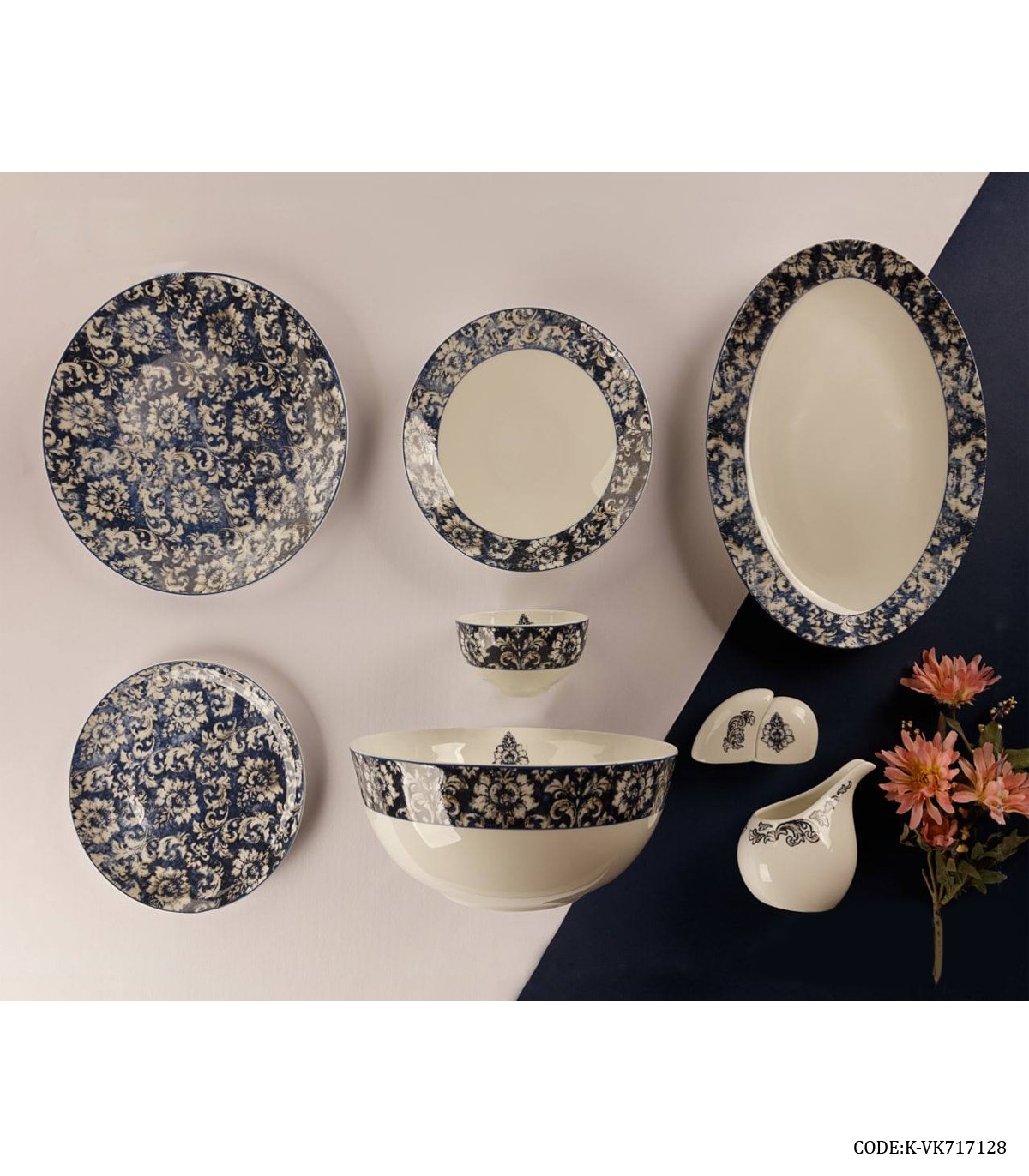 سرویس چینی شش نفره 29 پارچه طرح پیچک سرمه ای مدل 717128