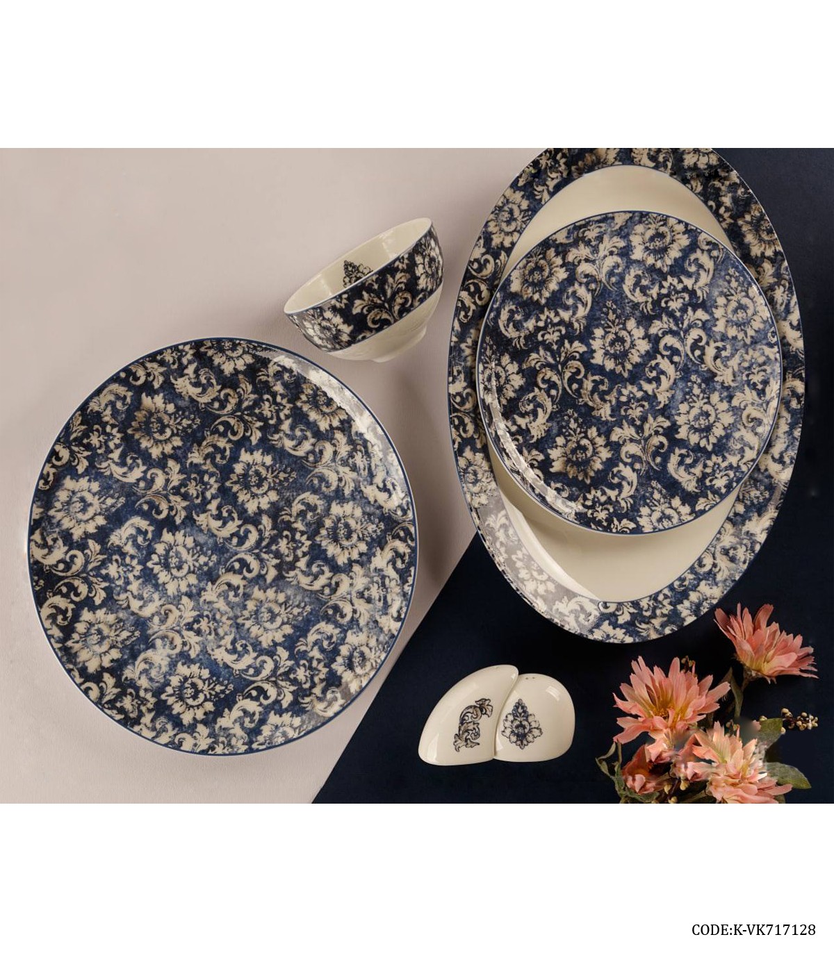 سرویس چینی شش نفره 29 پارچه طرح پیچک سرمه ای مدل 717128