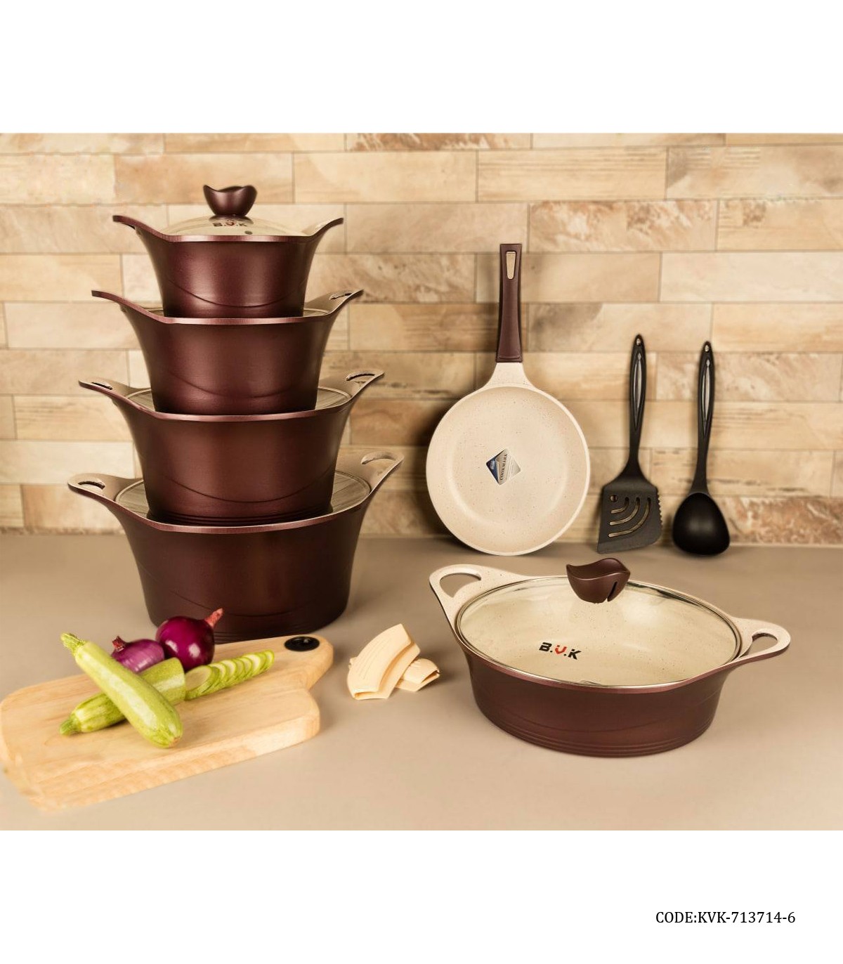 سرویس قابلمه گرانیتی 15 پارچه زرشکی سری 3714-6