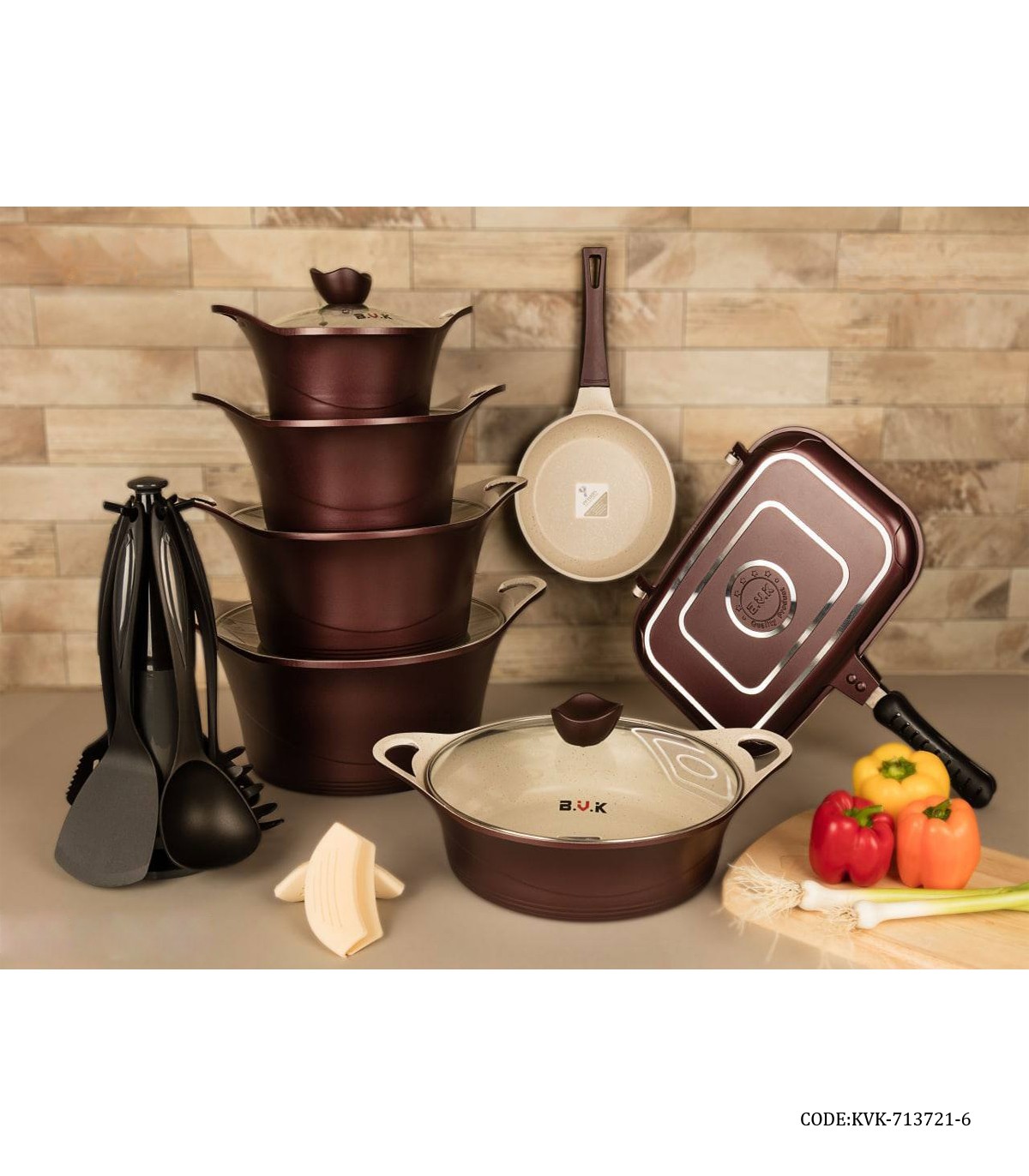 سرویس قابلمه گرانیتی 22 پارچه زرشکی سری 3721-6