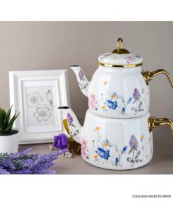 کتری و قوری دسته فلزی مدل PACHI FLOWER سفید