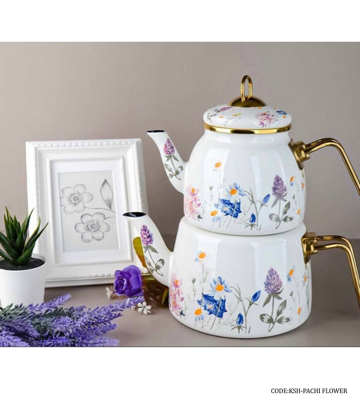 کتری و قوری دسته فلزی مدل PACHI FLOWER سفید