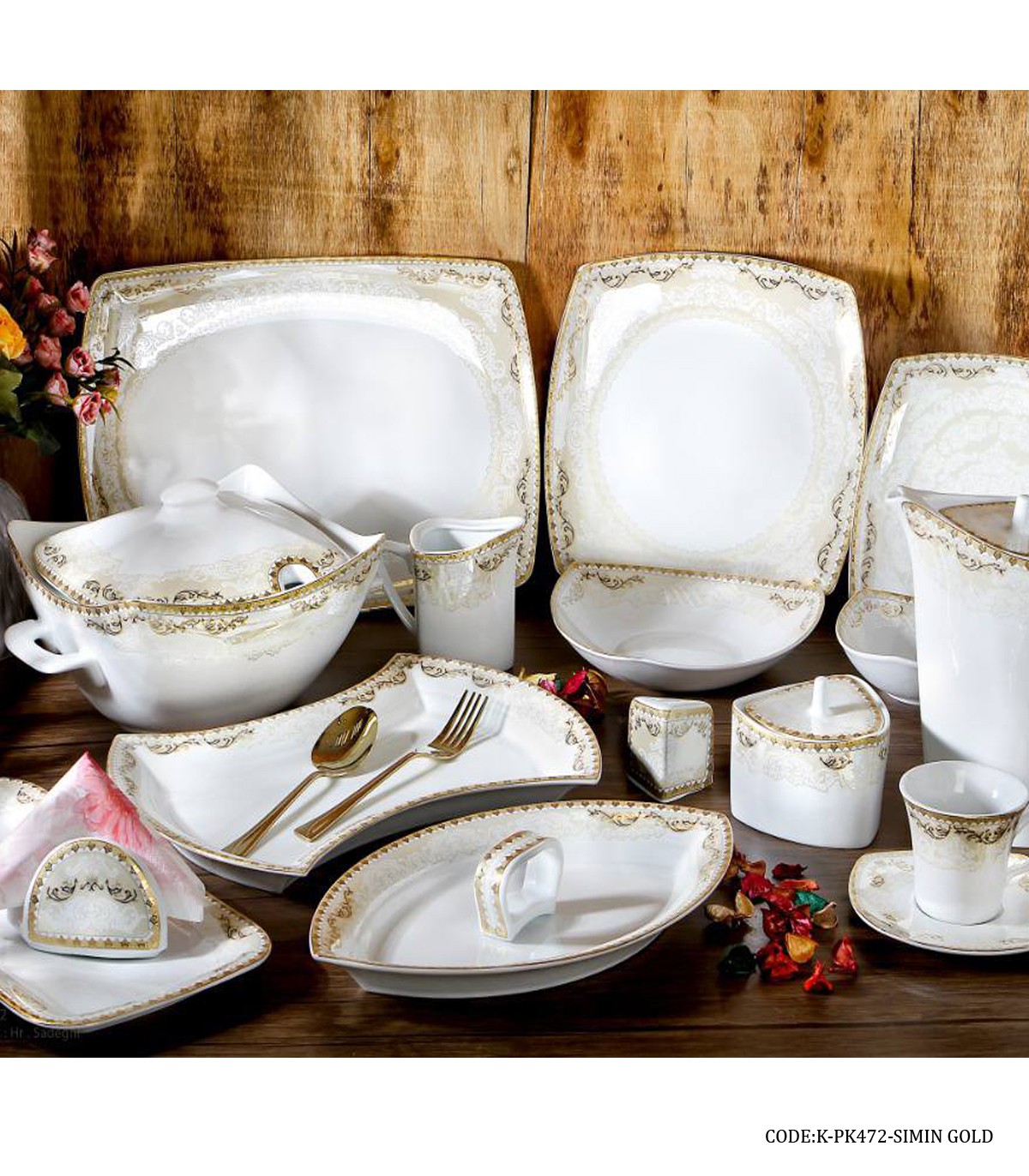 سرویس چینی پردیس 12 نفره 105 پارچه سری پاریس طرح سیمین طلایی